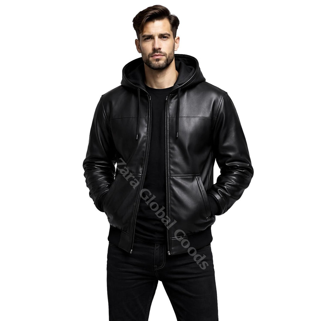 Handmade Black Hooded Jacket for Men | Genuine Cowhide Outerwear, Casual Winter Wear