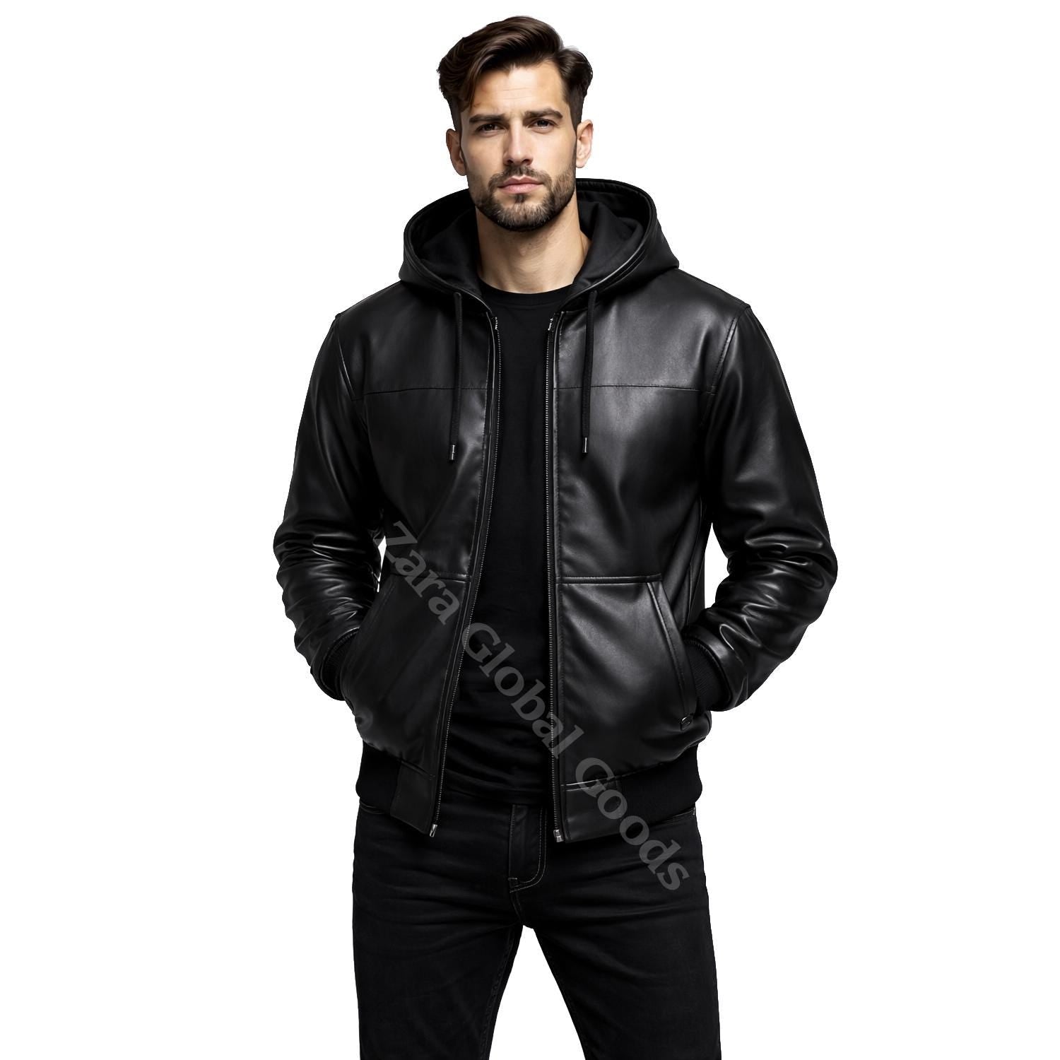 Handmade Black Hooded Jacket for Men | Genuine Cowhide Outerwear, Casual Winter Wear