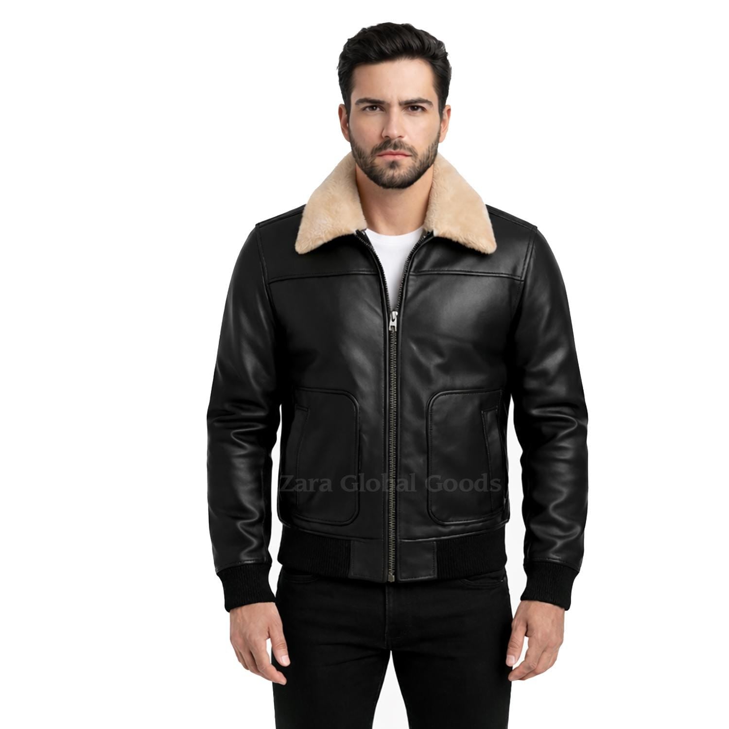 Men’s Aviator Leather Jacket with Shearling Collar – Handmade Black & Brown Winter Jacket | Zara Global Goods