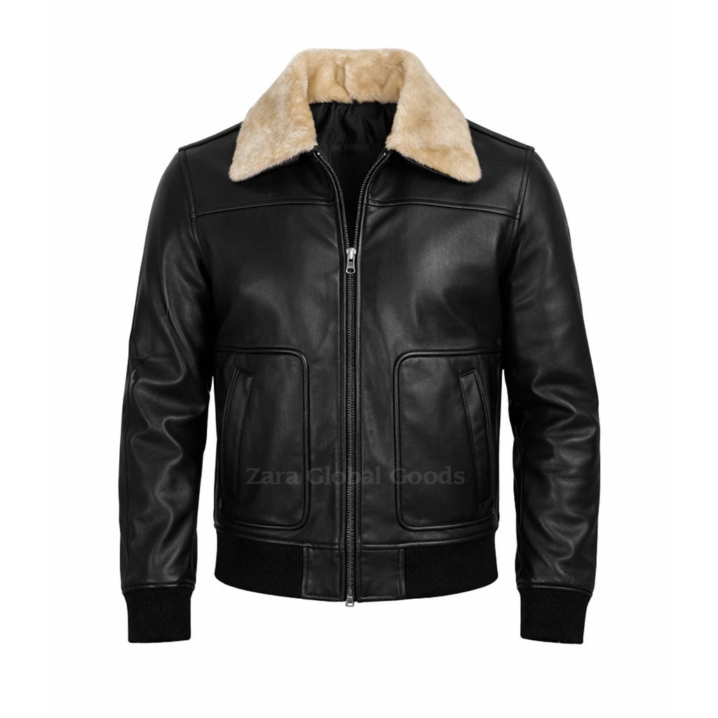 Men’s Aviator Leather Jacket with Shearling Collar – Handmade Black & Brown Winter Jacket | Zara Global Goods