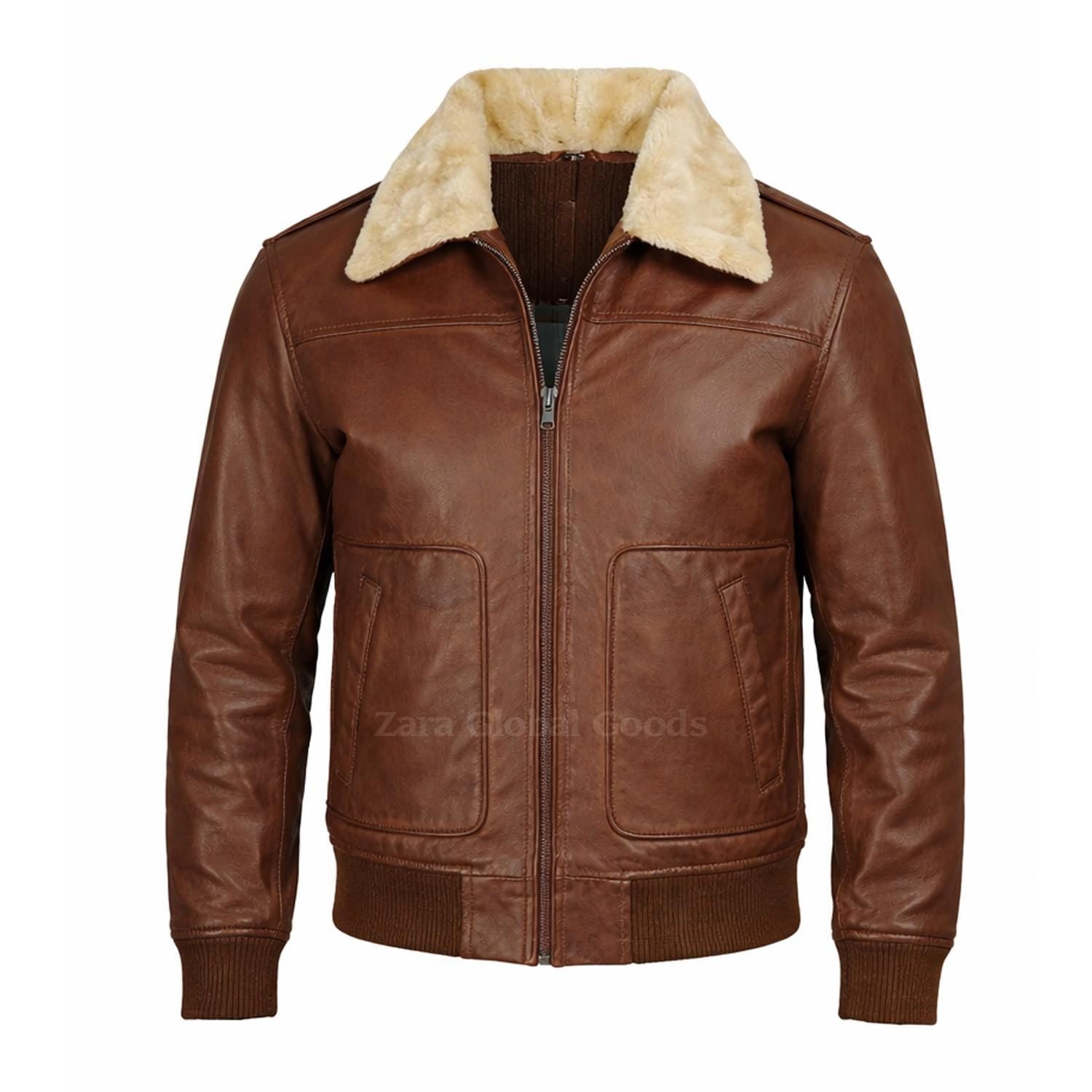 Men’s Brown Aviator Leather Jacket with Shearling Collar – Handmade Winter Bomber Coat, Genuine Cowhide, Classic Pilot Style Gift