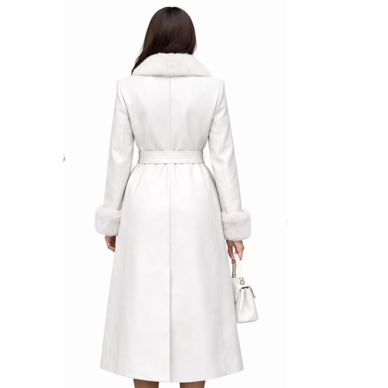 Ivory White Leather Trench Coat for Women – Faux Fur Collar Winter Coat