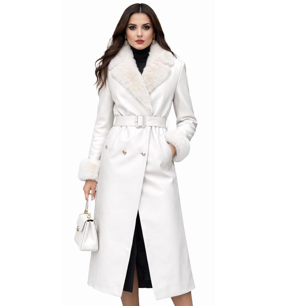 Ivory White Leather Trench Coat for Women – Faux Fur Collar Winter Coat