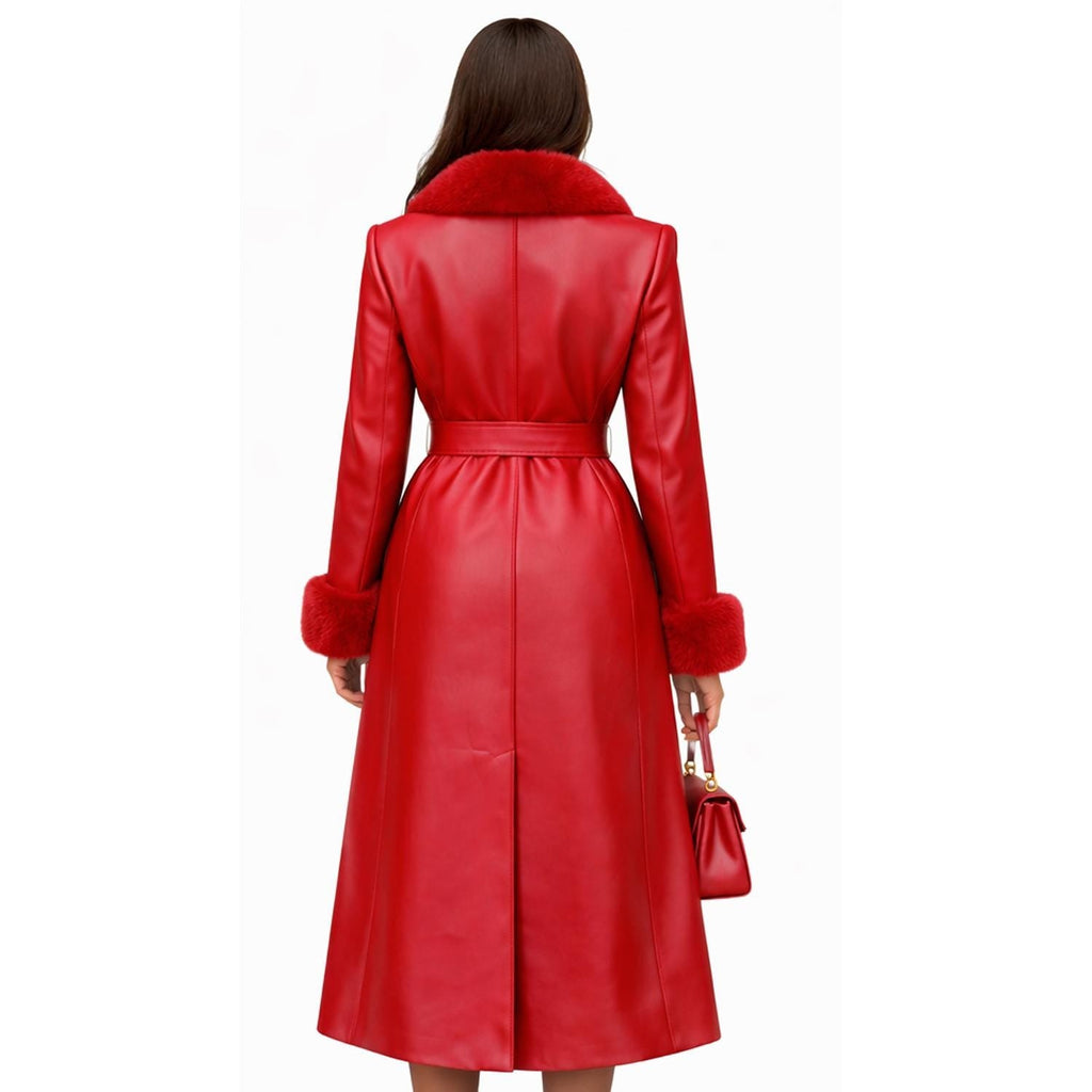 Red Leather Trench Coat for Women with Fur Collar – Handmade Luxury Winter Wear