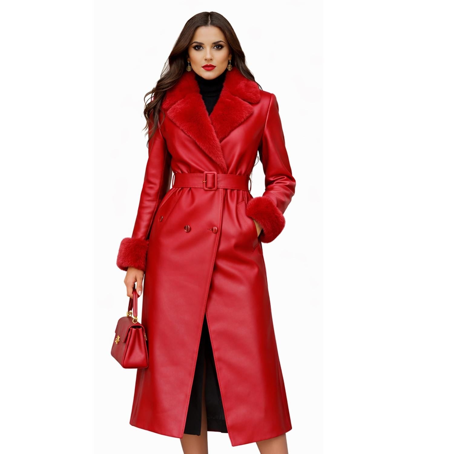 Red Leather Trench Coat for Women with Fur Collar – Handmade Luxury Winter Wear