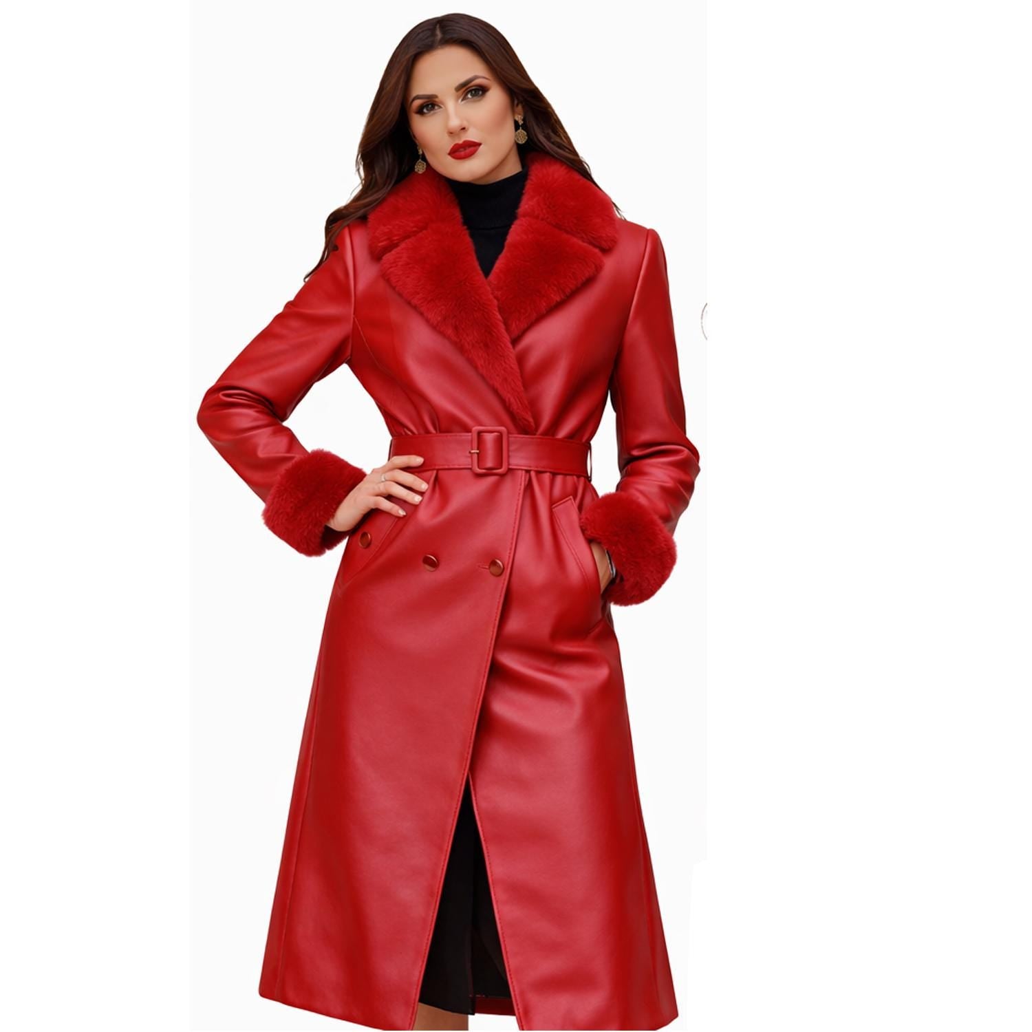 Red Leather Trench Coat for Women with Fur Collar – Handmade Luxury Winter Wear