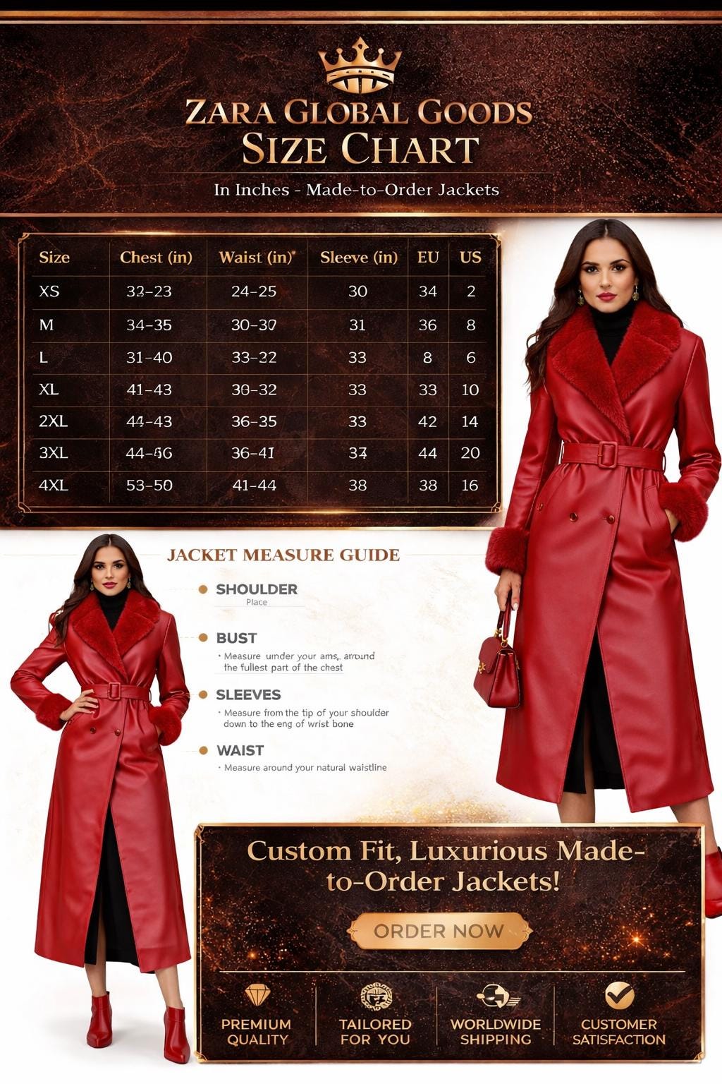Red Leather Trench Coat for Women with Fur Collar – Handmade Luxury Winter Wear