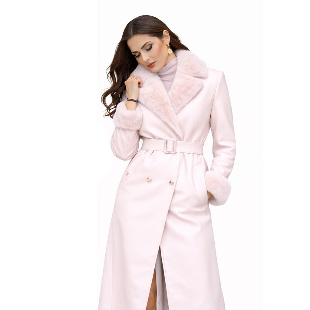 Blush Pink Leather Coat with Faux Fur Collar – Handmade Winter Long Jacket