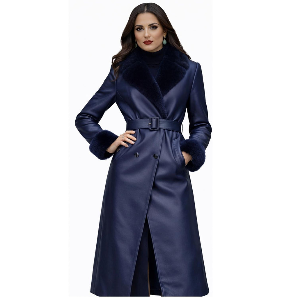 Navy Blue Leather Trench Coat for Women with Faux Fur Collar Belted Winter Wear