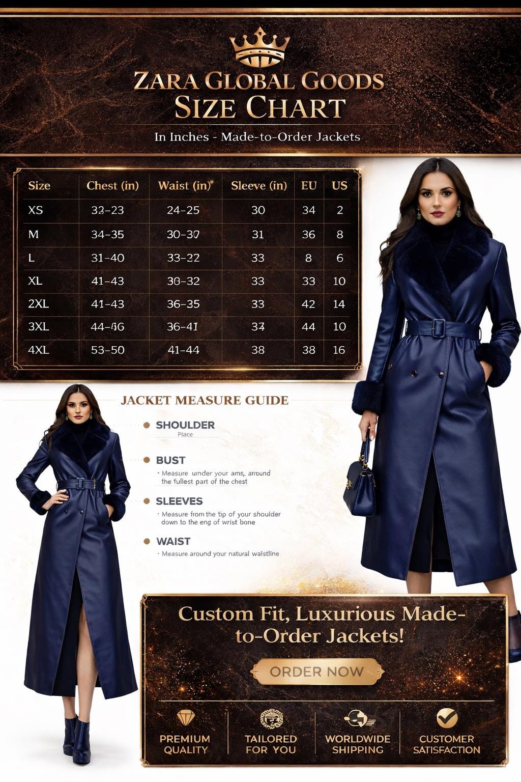 Navy Blue Leather Trench Coat for Women with Faux Fur Collar Belted Winter Wear