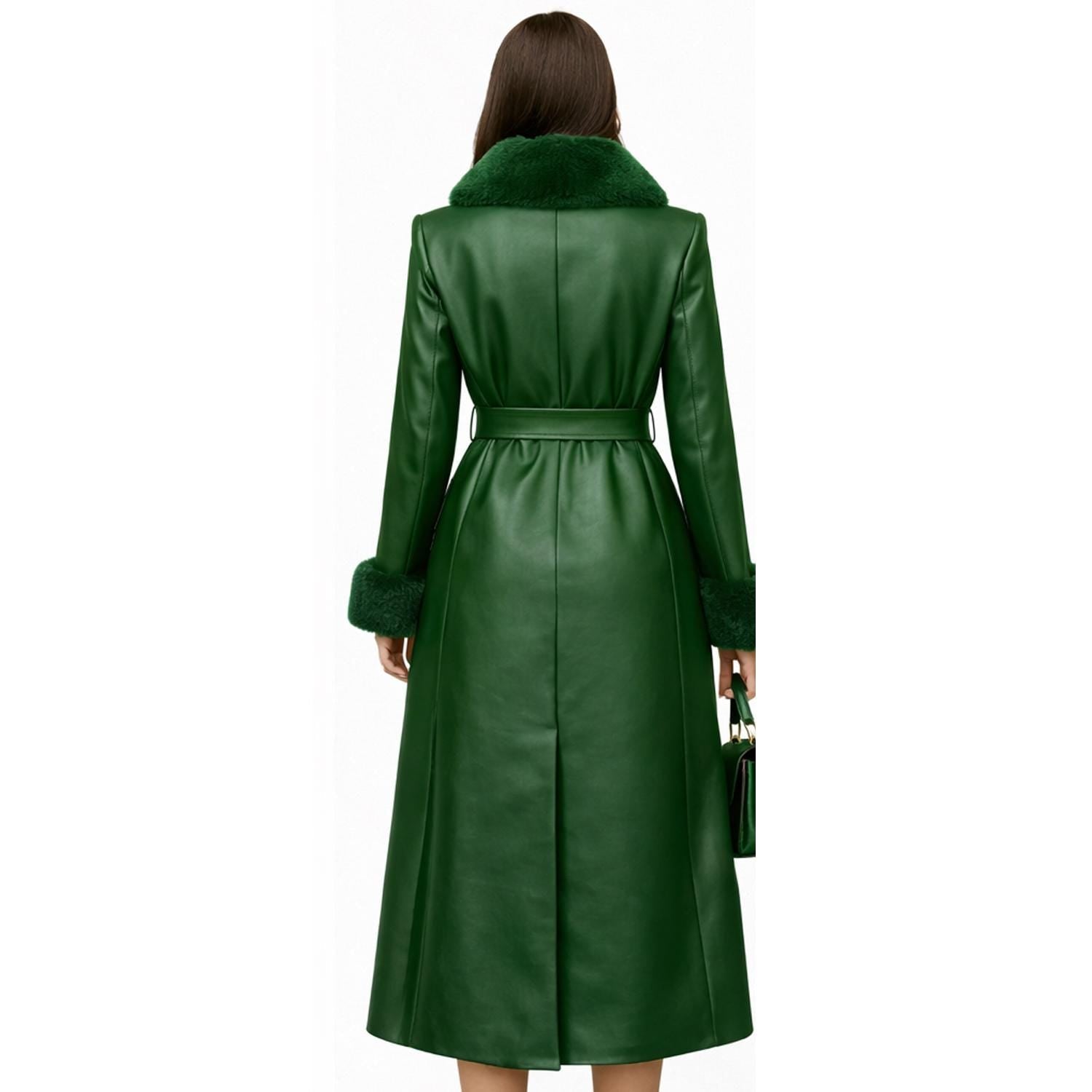 Luxury Forest Green Leather Coat for Women | Belted Faux Fur Winter Coat