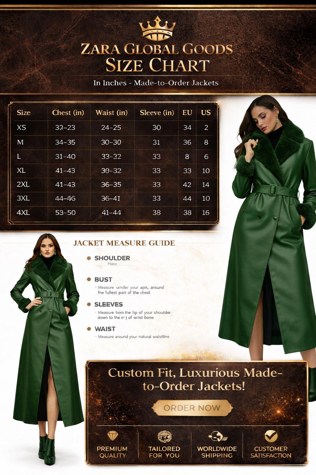 Luxury Forest Green Leather Coat for Women | Belted Faux Fur Winter Coat