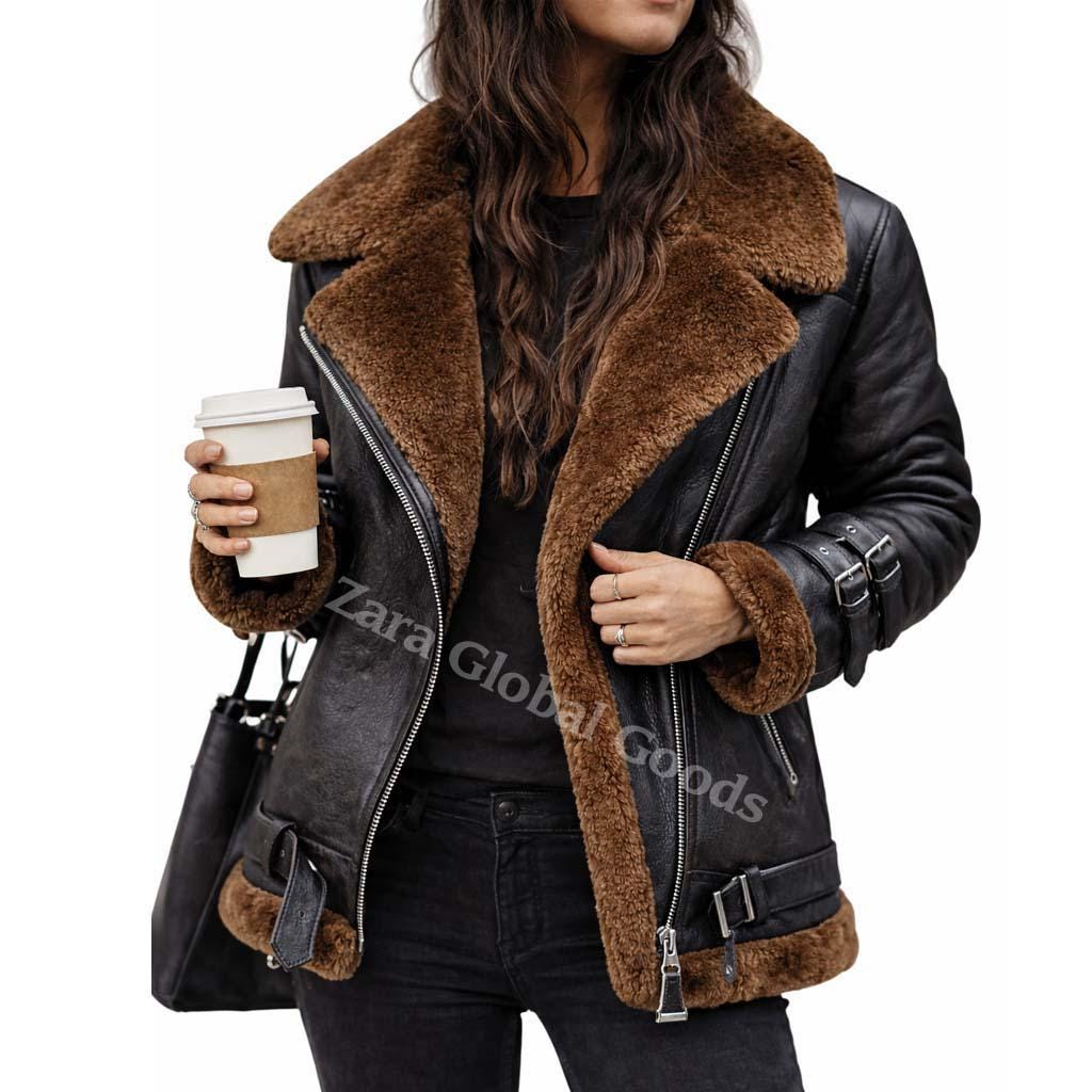 Handmade Shearling Leather Jacket For Women Fur Lined Winter Bike Coat