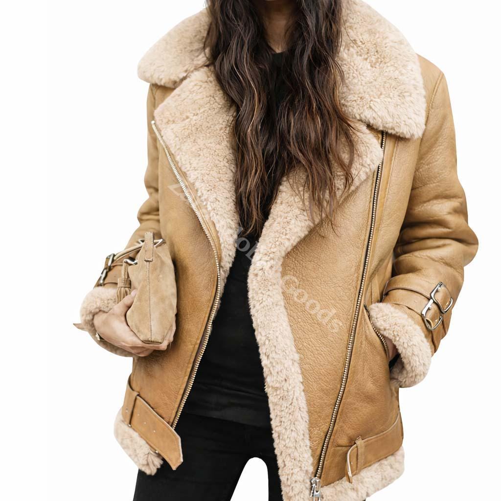 Handmade Shearling Leather Jacket For Women Fur Lined Winter Bike Coat