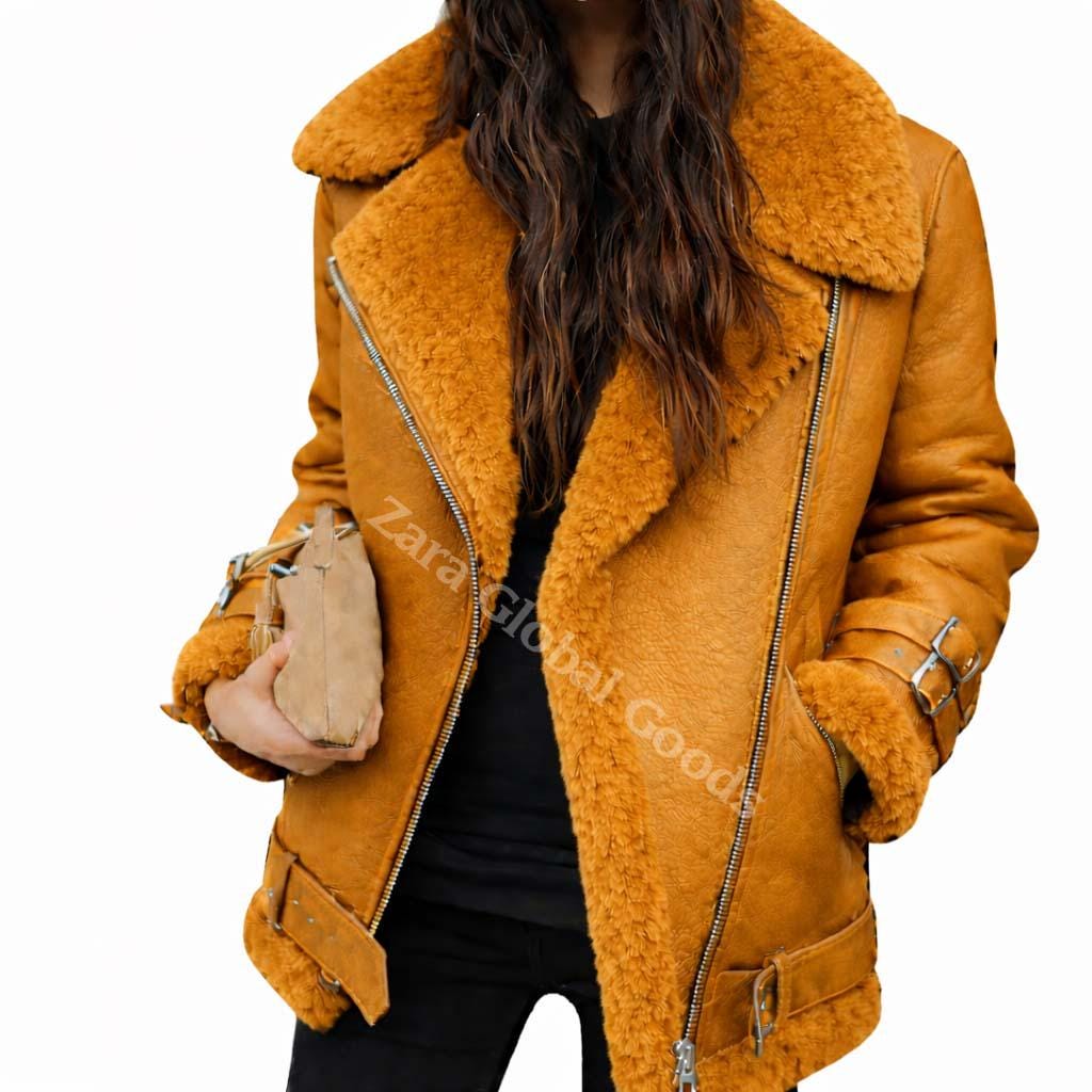 Handmade Shearling Leather Jacket For Women Fur Lined Winter Bike Coat