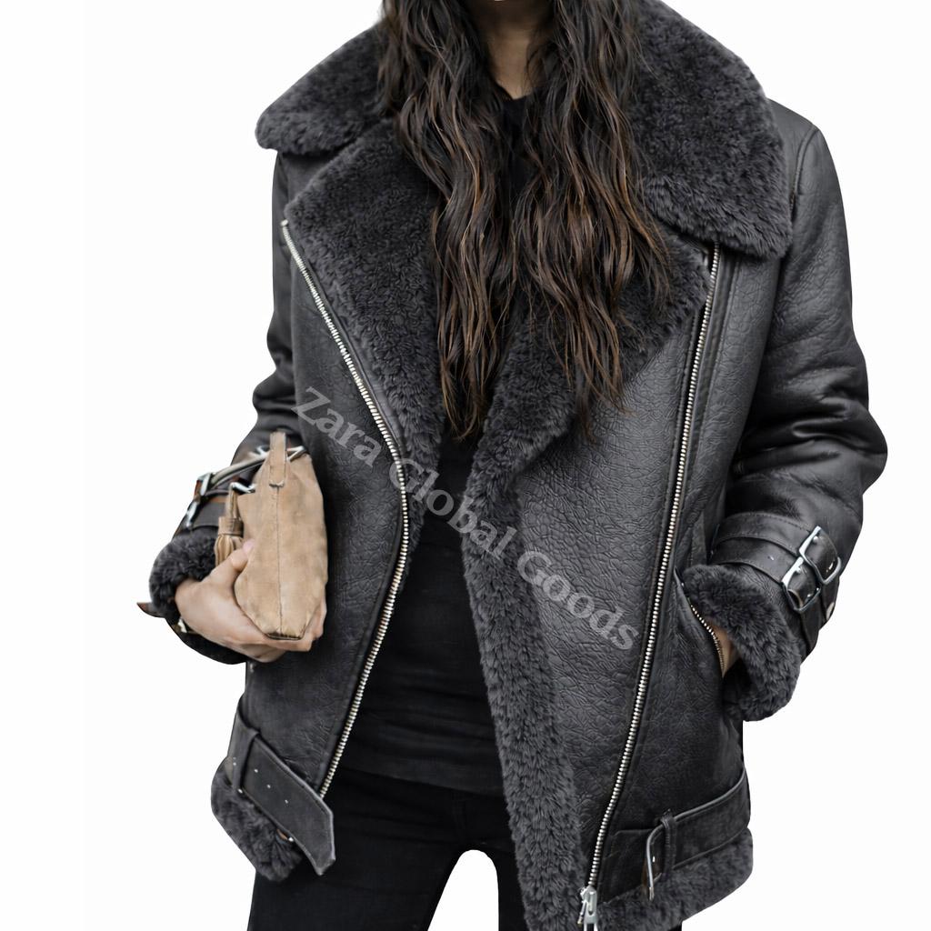 Handmade Shearling Leather Jacket For Women Fur Lined Winter Bike Coat