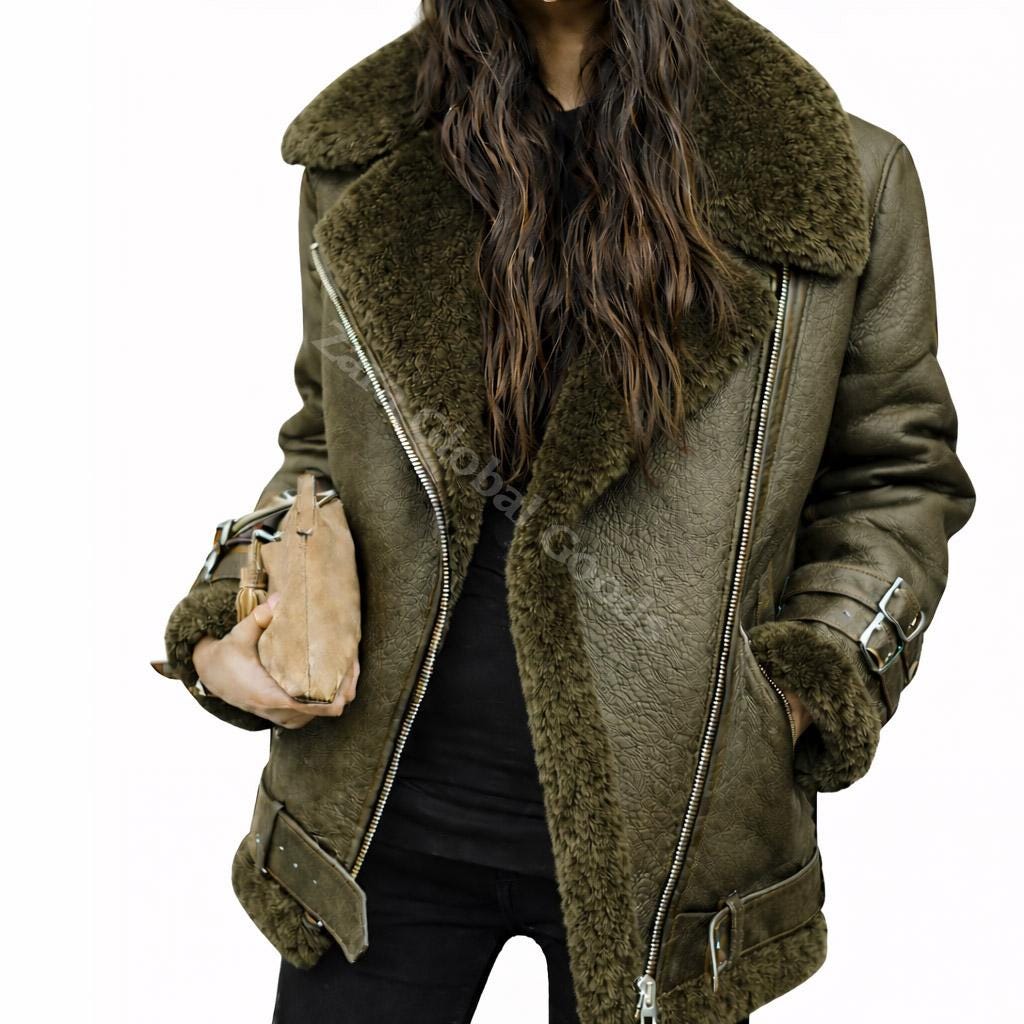 Handmade Shearling Leather Jacket For Women Fur Lined Winter Bike Coat