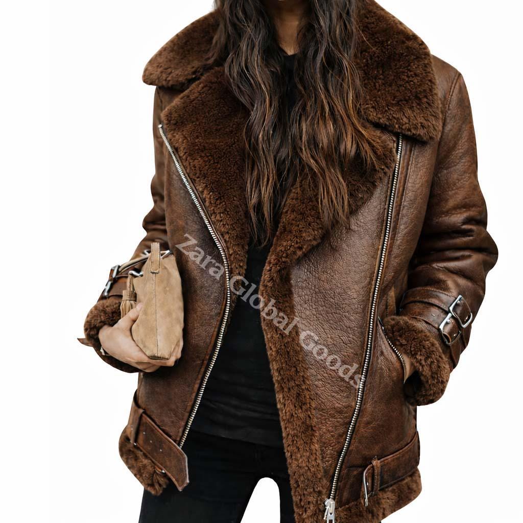 Handmade Shearling Leather Jacket For Women Fur Lined Winter Bike Coat