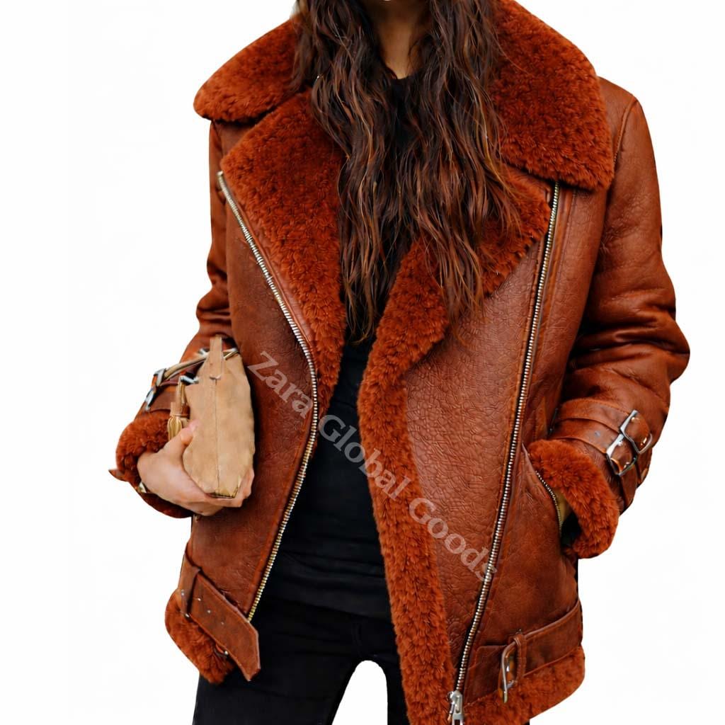 Handmade Shearling Leather Jacket For Women Fur Lined Winter Bike Coat