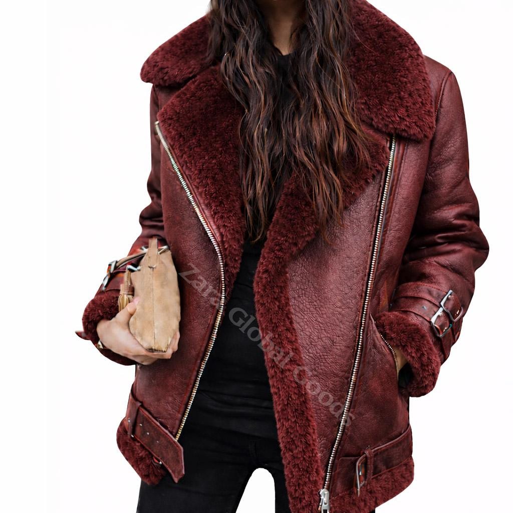 Handmade Shearling Leather Jacket For Women Fur Lined Winter Bike Coat