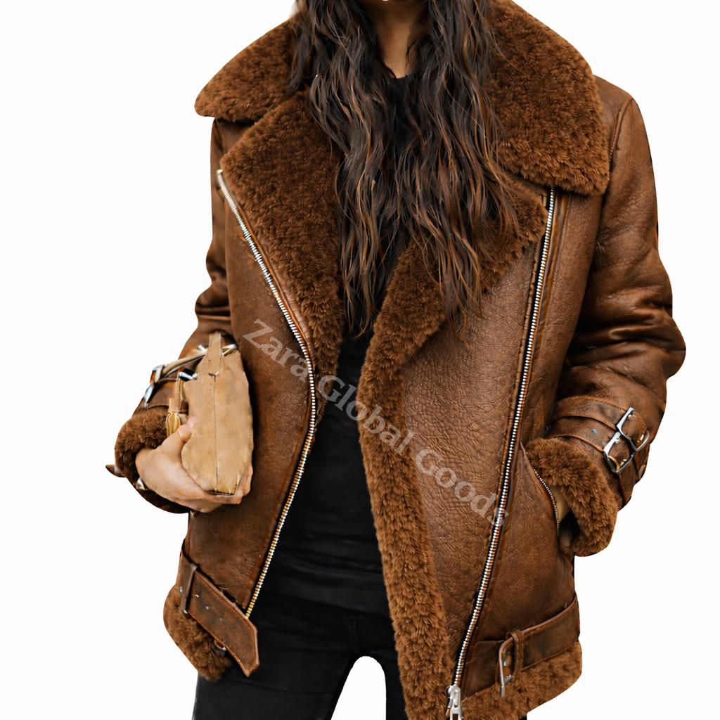 Handmade Shearling Leather Jacket For Women Fur Lined Winter Bike Coat