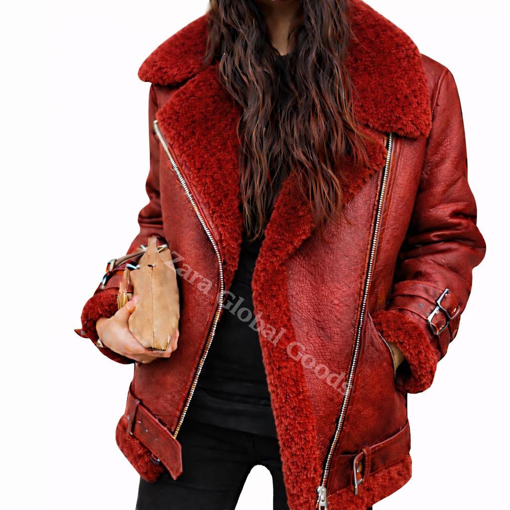 Handmade Shearling Leather Jacket For Women Fur Lined Winter Bike Coat