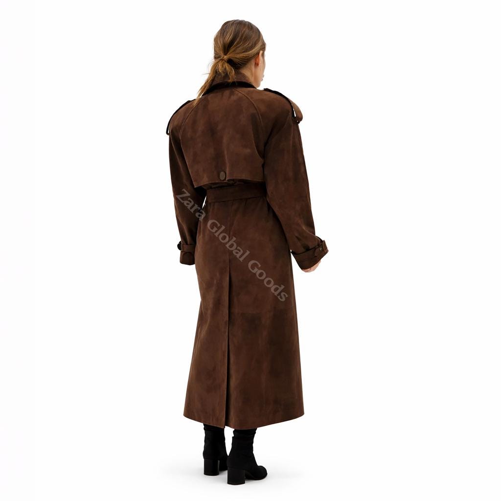 Handcrafted Suede Trench Coat For Women Luxuey Double Breasted Long Coat
