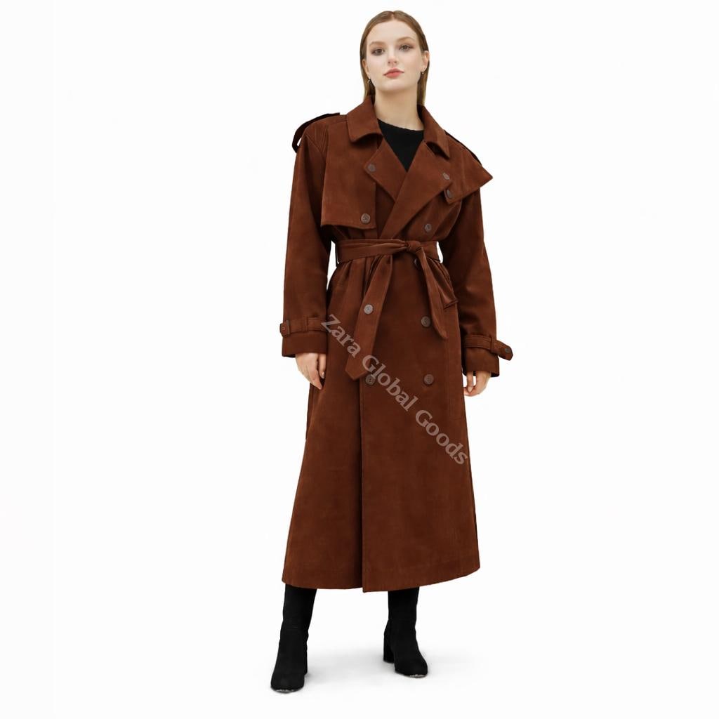 Handcrafted Suede Trench Coat For Women Luxuey Double Breasted Long Coat