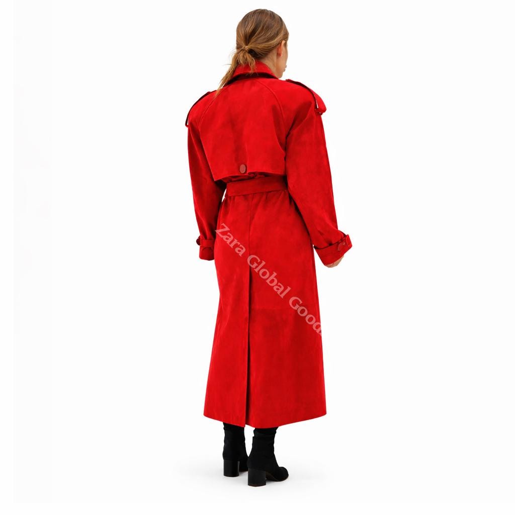 Handcrafted Suede Trench Coat For Women Luxuey Double Breasted Long Coat