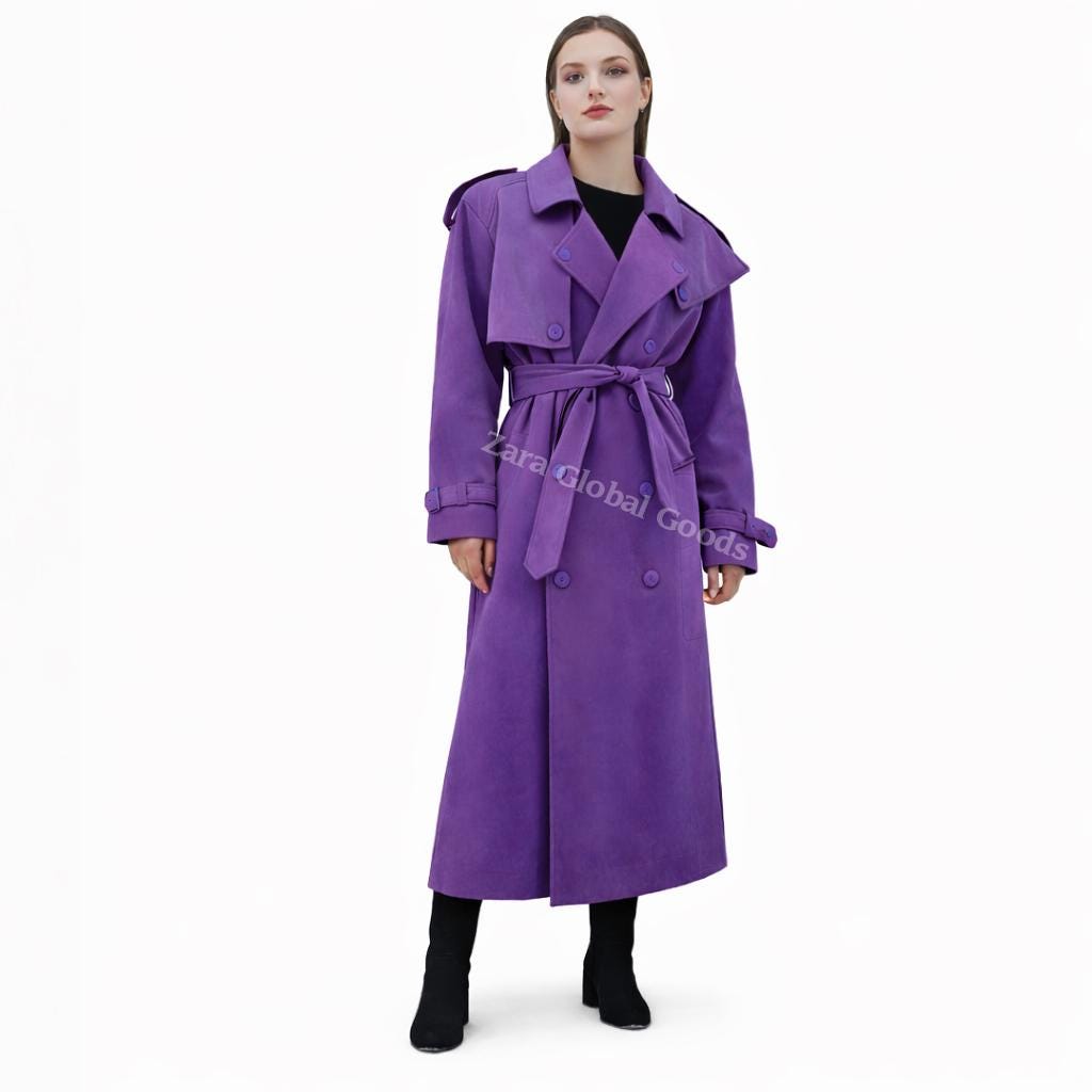 Handcrafted Suede Trench Coat For Women Luxuey Double Breasted Long Coat