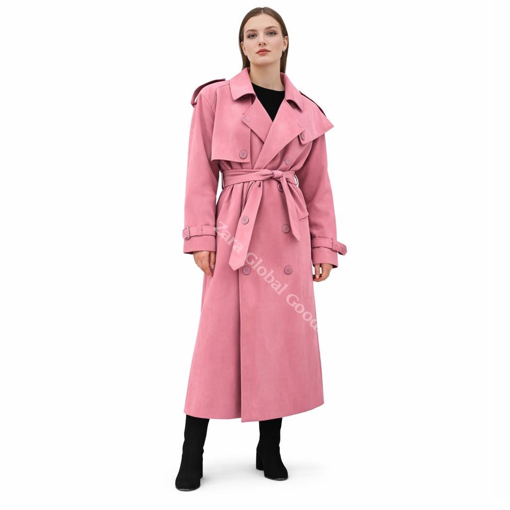 Handcrafted Suede Trench Coat For Women Luxuey Double Breasted Long Coat