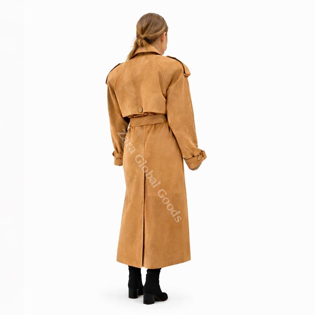 Handcrafted Suede Trench Coat For Women Luxuey Double Breasted Long Coat
