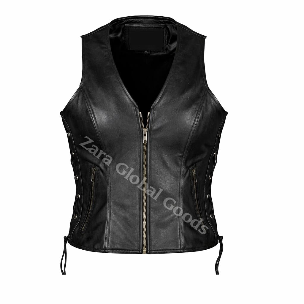 Handcrafted Women’s Leather Biker Vest – Lace Side Motorcycle Waistcoat