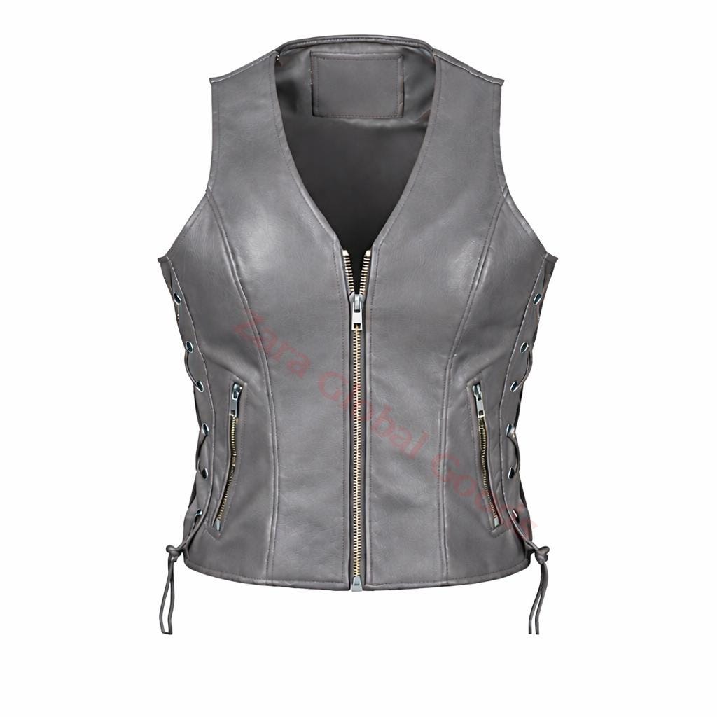 Handcrafted Women’s Leather Biker Vest – Lace Side Motorcycle Waistcoat
