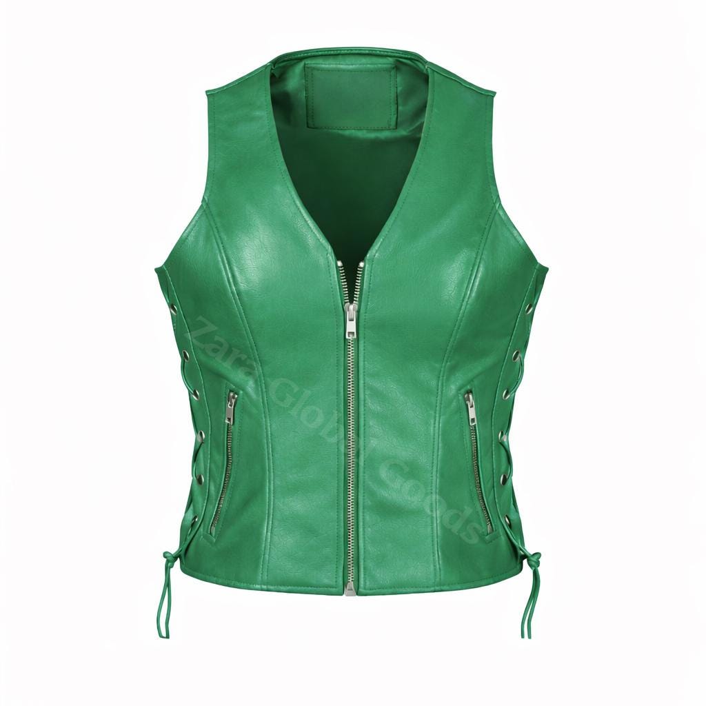 Handcrafted Women’s Leather Biker Vest – Lace Side Motorcycle Waistcoat