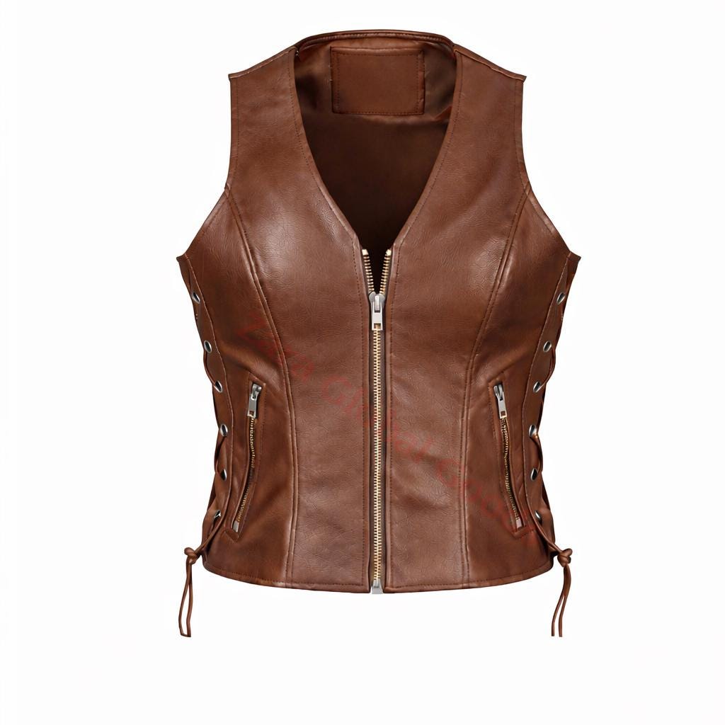 Handcrafted Women’s Leather Biker Vest – Lace Side Motorcycle Waistcoat