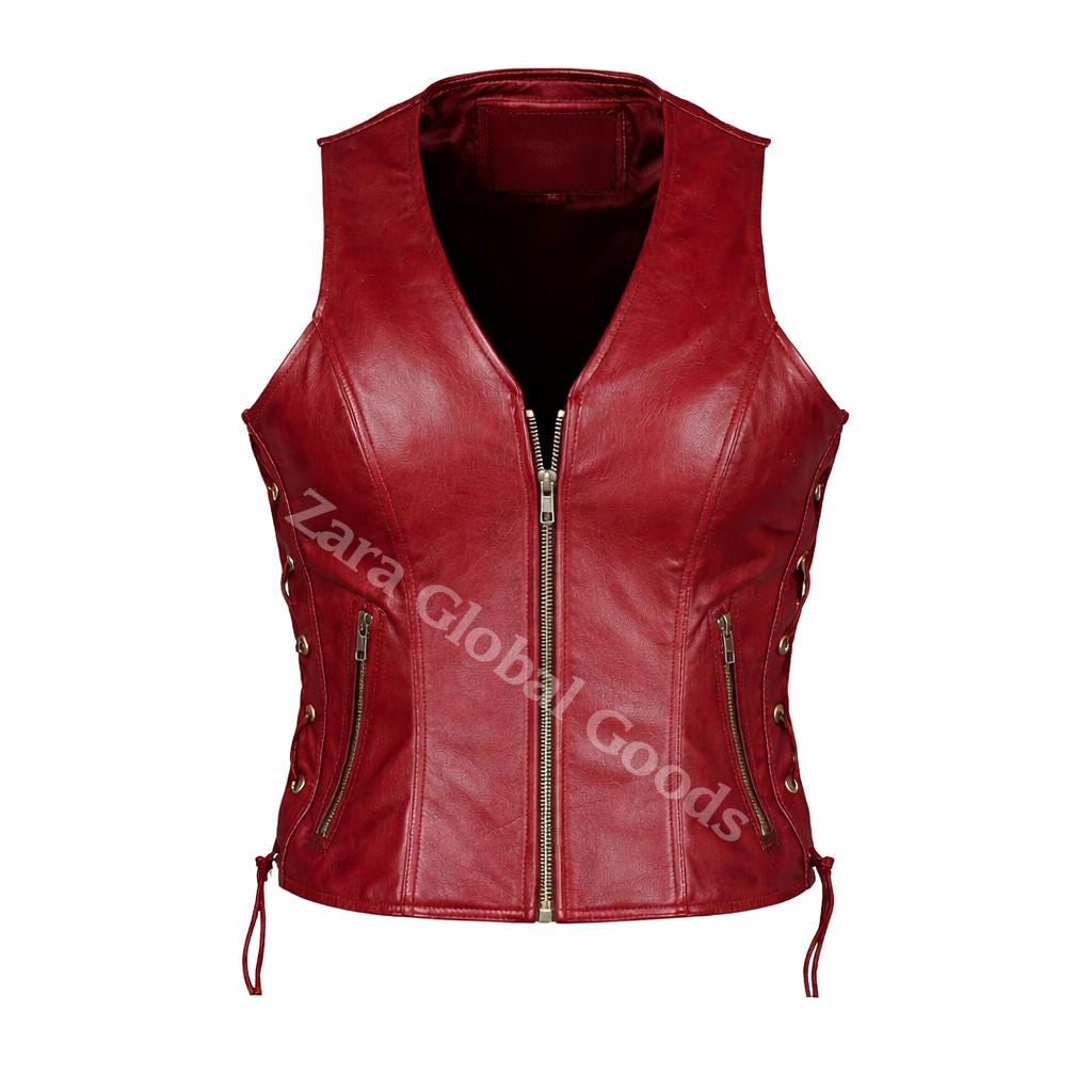 Handcrafted Women’s Leather Biker Vest – Lace Side Motorcycle Waistcoat