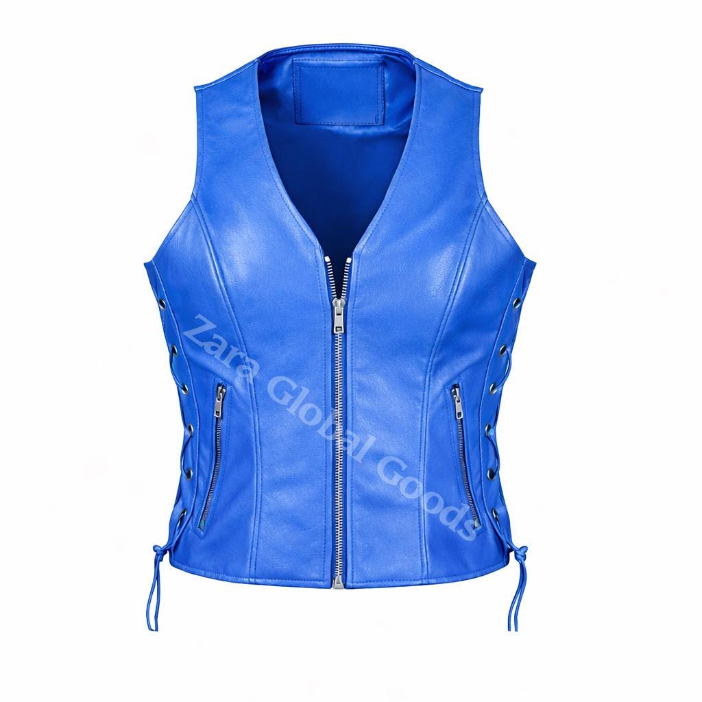Handcrafted Women’s Leather Biker Vest – Lace Side Motorcycle Waistcoat