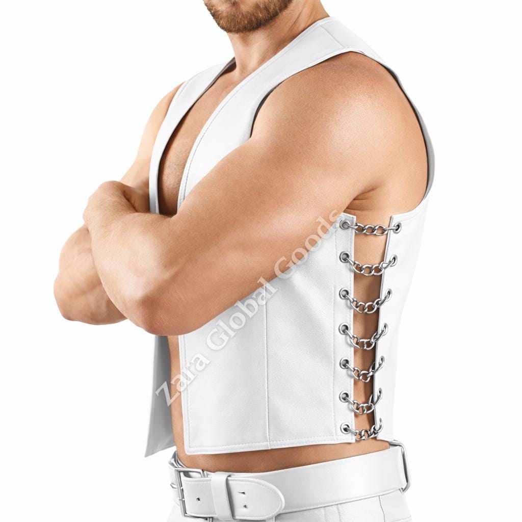 Mens Black Biker Vest With Side Chain Lacing Gothic Style Handmade