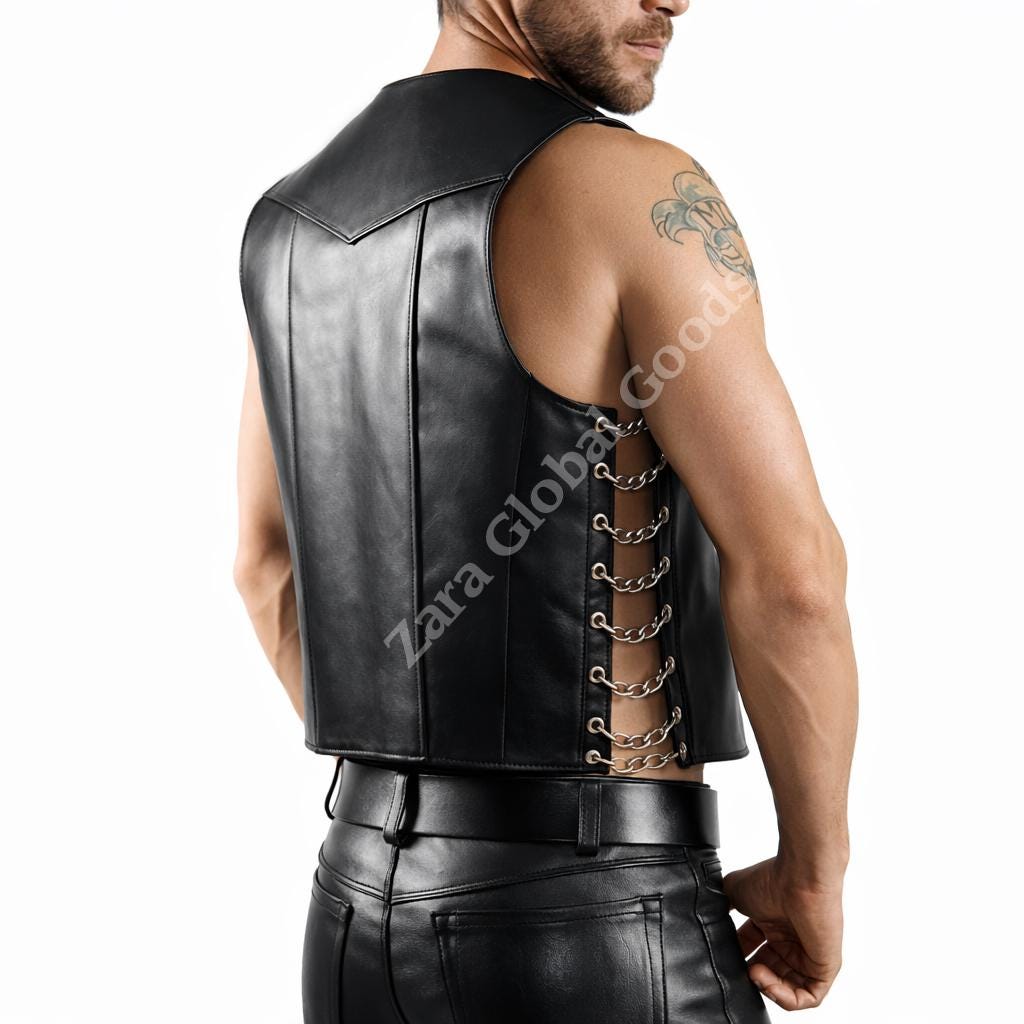 Mens Black Biker Vest With Side Chain Lacing Gothic Style Handmade