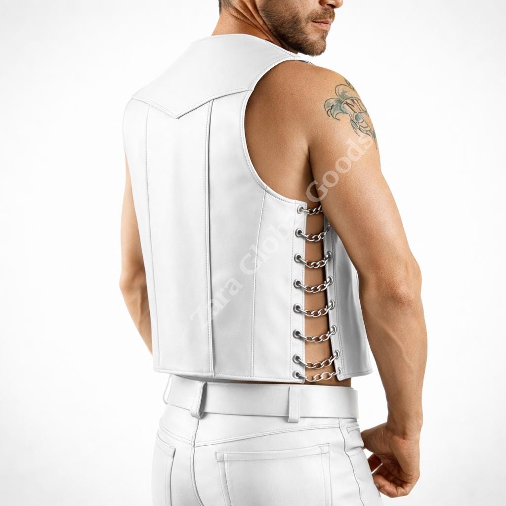 Mens Black Biker Vest With Side Chain Lacing Gothic Style Handmade