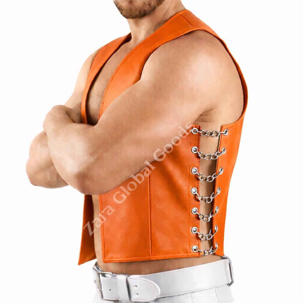 Mens Black Biker Vest With Side Chain Lacing Gothic Style Handmade