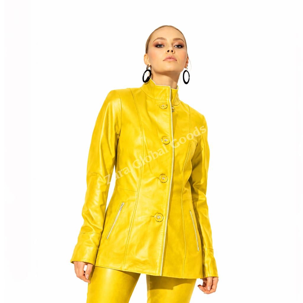 Mustard Yellow  Women Leather Jacket Chic Button Front Long Coat With Stand Stylish Collar