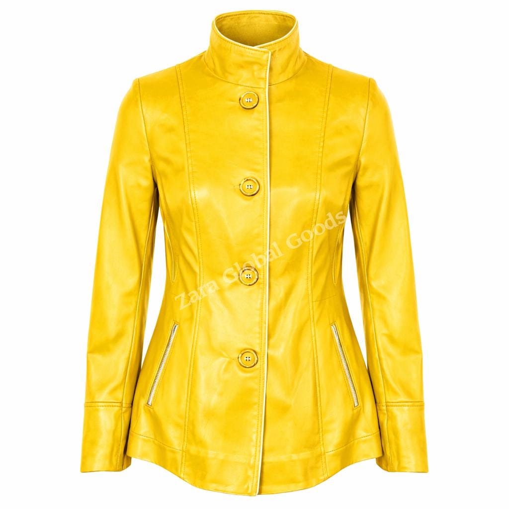 Mustard Yellow  Women Leather Jacket Chic Button Front Long Coat With Stand Stylish Collar
