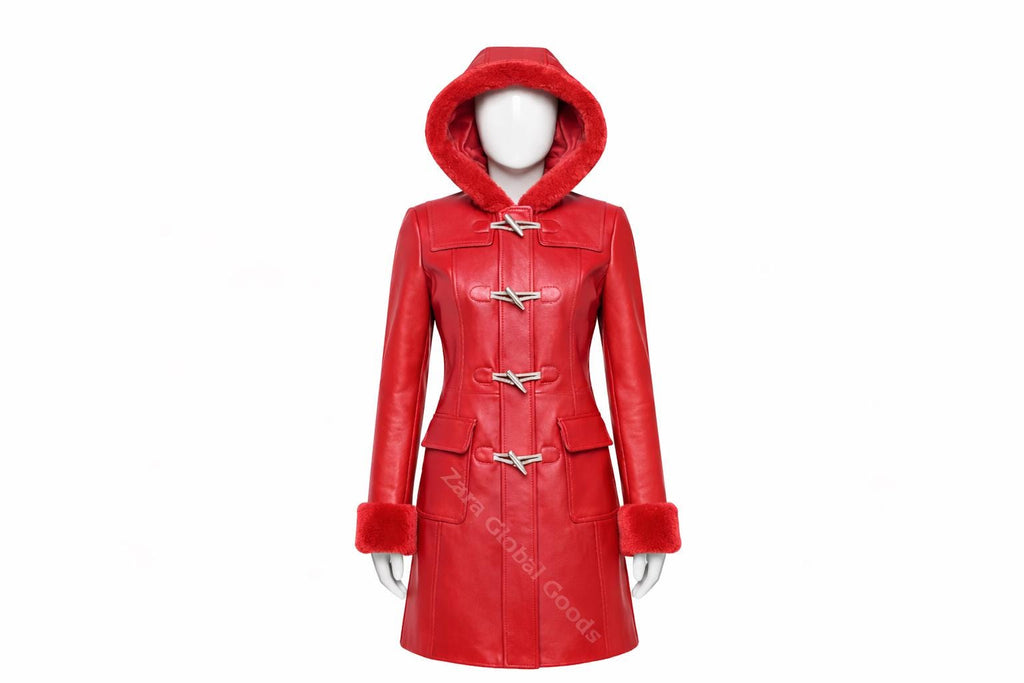 Multi Color Women’s Leather Hooded Coat – Handmade Winter Sheepskin Style Toggle Jacket
