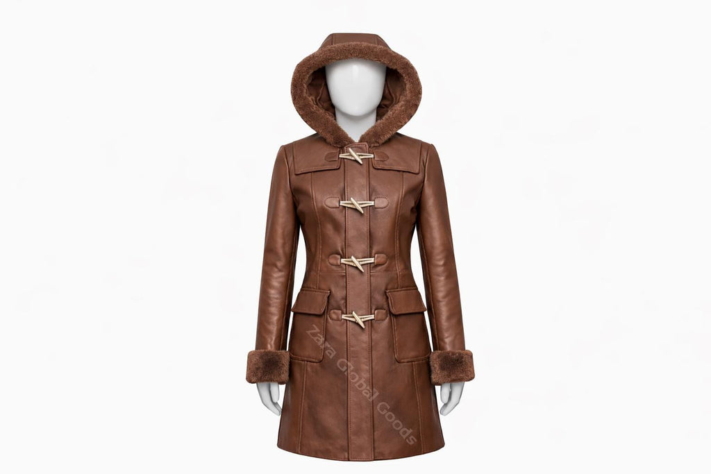 Multi Color Women’s Leather Hooded Coat – Handmade Winter Sheepskin Style Toggle Jacket